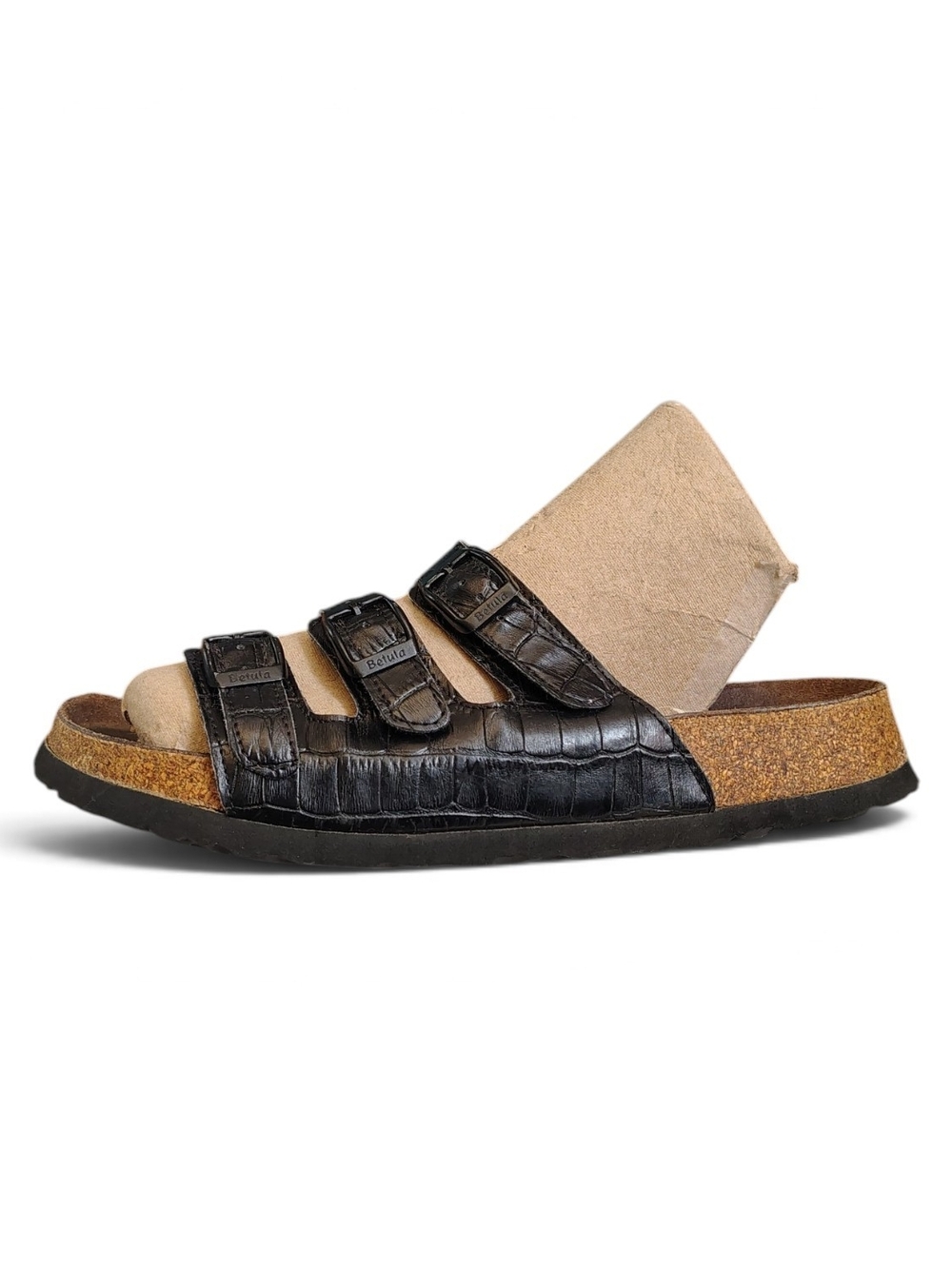 Betula Birkenstock Black Croc Embossed Leather 3-Strap Sandals Women's Size 9